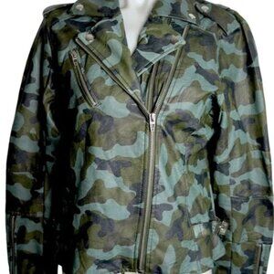 Colleen Lopez Moto Camouflage Green Faux Leather Jacket M